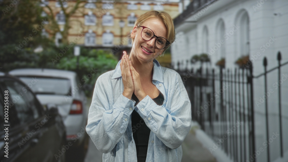Fototapeta premium Woman with hands crossed on chest and eyes closed smiling on a city street lined with parked cars and iron railings; gratitude.