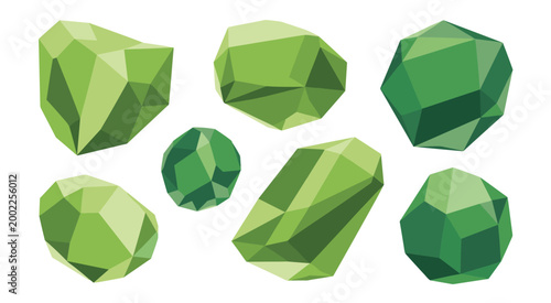 Seven faceted green gemstones geometric shapes on white background crystal jewel