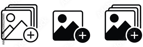 Photo attachment icon pack, add picture symbols, upload and insert image graphics, media file icons, gallery and attachment elements, user interface controls, clean minimal vector