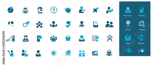 Modern blue business icons featuring corporate values and professional team concepts