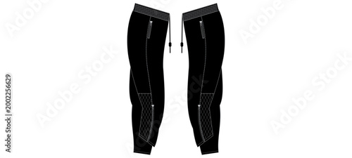 Black Tech wear Jogger Pants Side View with Zippers Apparel Template,