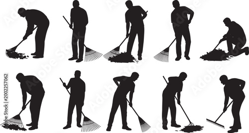 Worker Sweeping Ground Silhouette Set with Cleaning Poses, Street Maintenance, Housekeeping Activity, Sanitation Work and Environmental Hygiene Concepts