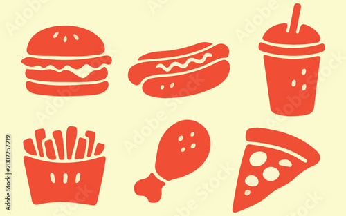 six retro flat icon set of fast food items burger hotdog fries pizza chicken drink in bold coral red on cream background