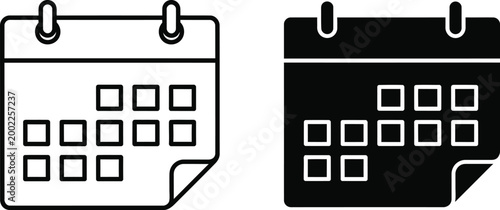 Calendar icon set black and white line and solid designs for scheduling
