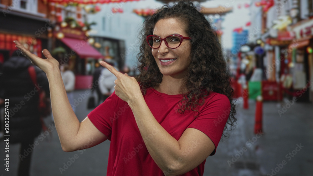 Fototapeta premium Woman wearing red glasses pointing finger at empty space on busy city street under daylight; curiosity.
