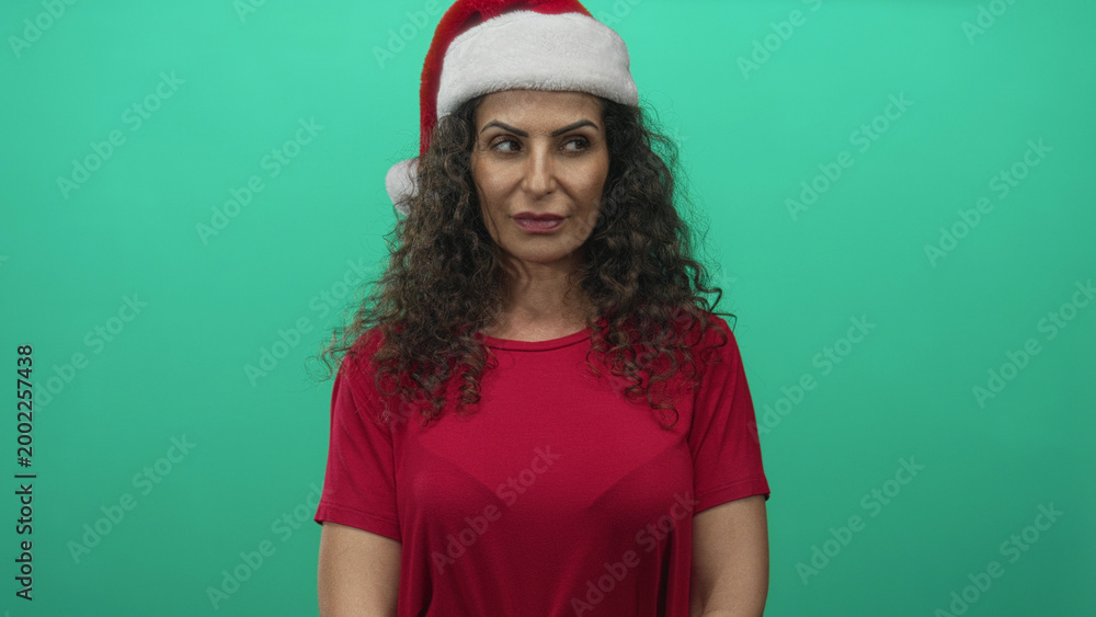 Fototapeta premium Hispanic woman wearing santa hat and red shirt looking sideways in green studio; festive anticipation.