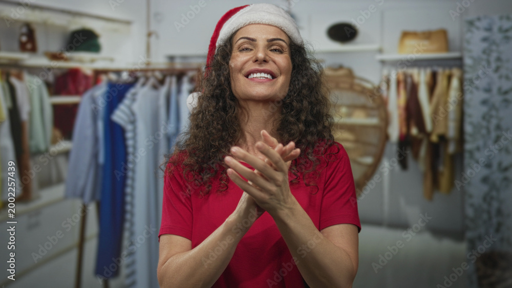 Naklejka premium Hispanic woman clapping hands wearing santa hat and red shirt in a clothing store building; holiday joy.