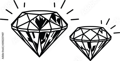 Black and white sketch of two sparkling diamonds with radiant lines