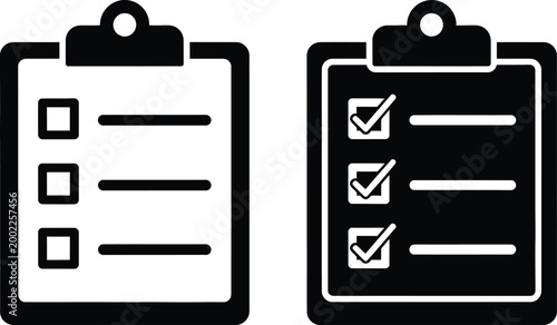 Two black and white clipboard icons one empty one with checkmarks