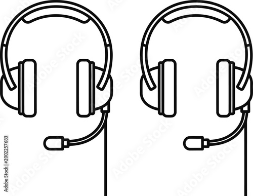 Two identical headsets with microphones a simple line drawing illustration