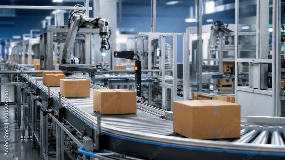 Fototapeta premium Advanced Automated Conveyor System Moving Packages in Logistics Facility