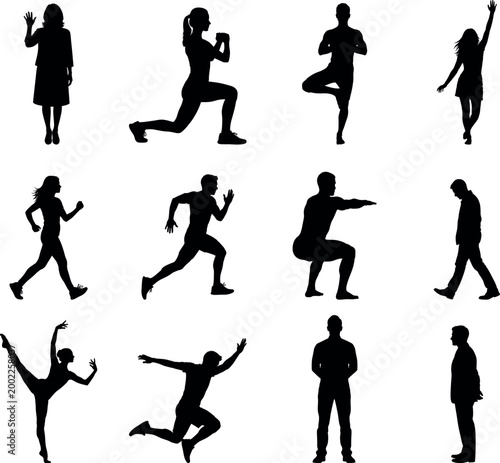Diverse silhouettes of people in dynamic motion running jumping and active poses