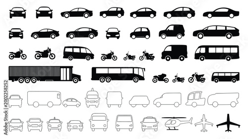 Collection of black and white vehicle silhouettes including cars motorcycles buses trucks and aircraft