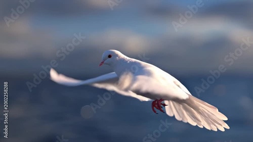 White dove flying over water with a serene backdrop
