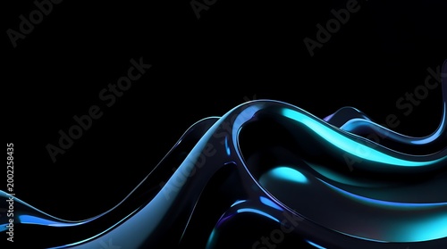 Black dark abstract background. Liquid glass iridescent fractal wave. Neon cyan and deep blue reflections. Prism shape 3D render. Smooth curve transition. Bright glow highlights. Metallic futuristic t