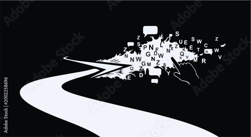 letters flying off laptop screen on road