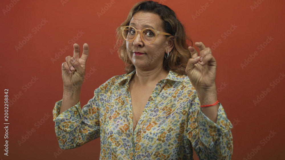 Obraz premium Middle aged hispanic woman making air quotes with fingers in studio portrait against orange backdrop; skepticism irony.