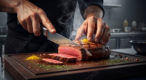 Person slicing a cooked salmon fillet on a wooden cutting board with a knife