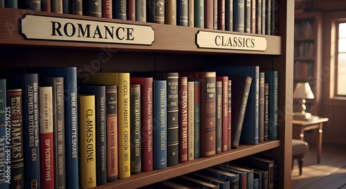 Wooden bookshelf with vintage romance and classics books, warm lighting, cozy reading nook vintage books