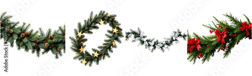 Christmas garland artificial pine branch, isolated on transparent background