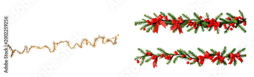 Christmas garland artificial pine branch, isolated on transparent background