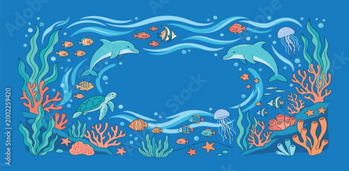 Colorful underwater marine life background frame with dolphins sea turtle jellyfish tropical fish and coral reef for ocean conservation and nature education projects