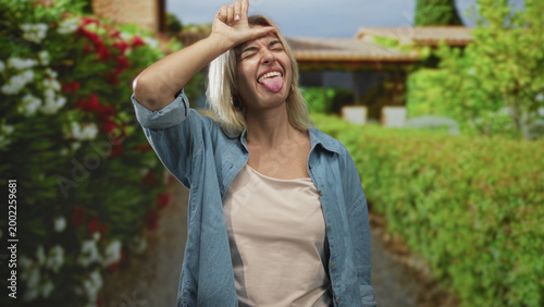 Woman with blonde hair in denim shirt makes l sign on forehead and sticks tongue out toward camera beside residential building entrance; playful mischief.