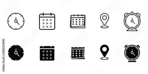 Time, date and address icon. Clock, calendar and location elements for scheduling vector illustration. Useful date and address details for navigation symbol. Clean minimal layout for interface sign