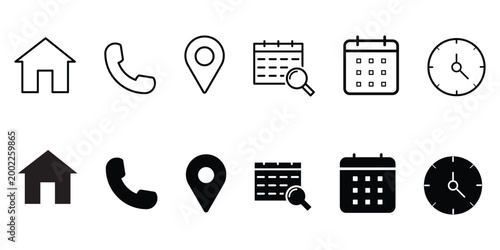 Time, date and address icon. Clock, calendar and location elements for scheduling vector illustration. Useful date and address details for navigation symbol. Clean minimal layout for interface sign