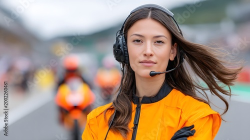 Female pit crew member uses a pit board to communicate with a motorcyclist