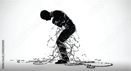 man disintegrating into particles digital glitch effect