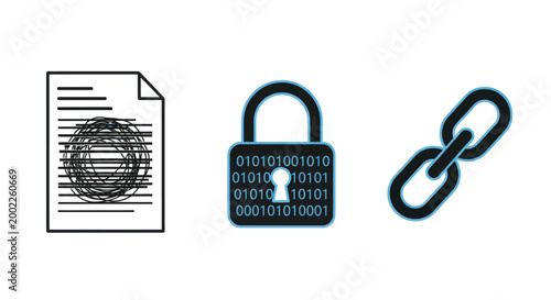 Security icons set including document with redacted information, digital lock with binary code and chain link on white background for business and technology concepts