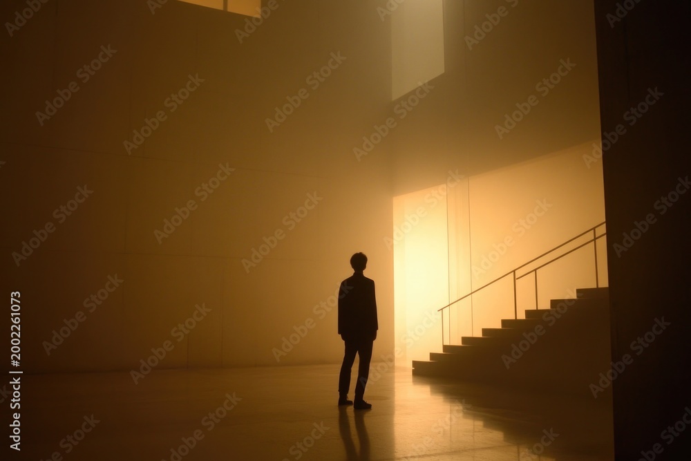 Obraz premium A person stands near the stairs in a room