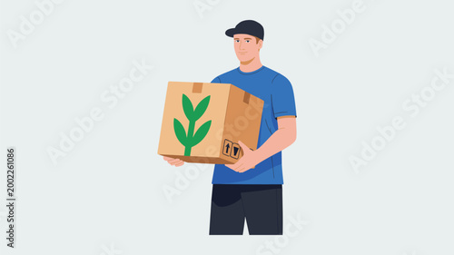 Smiling man in blue shirt holding a green recycling symbol box keywords