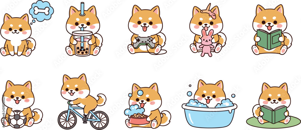 Fototapeta premium Shiba Inu Dog Icon Set Featuring Cute Activities Like Reading, Bathing, Playing, and Riding a Bike for Websites, Apps, Labels, and Digital Media Designs.
