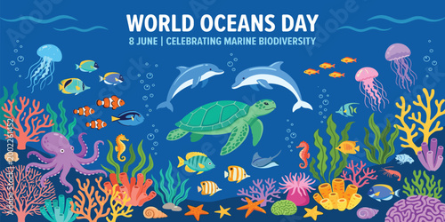 World Oceans Day banner celebrating marine biodiversity with sea turtle, dolphins, octopus, tropical fish, and vibrant coral reef underwater vector illustration.