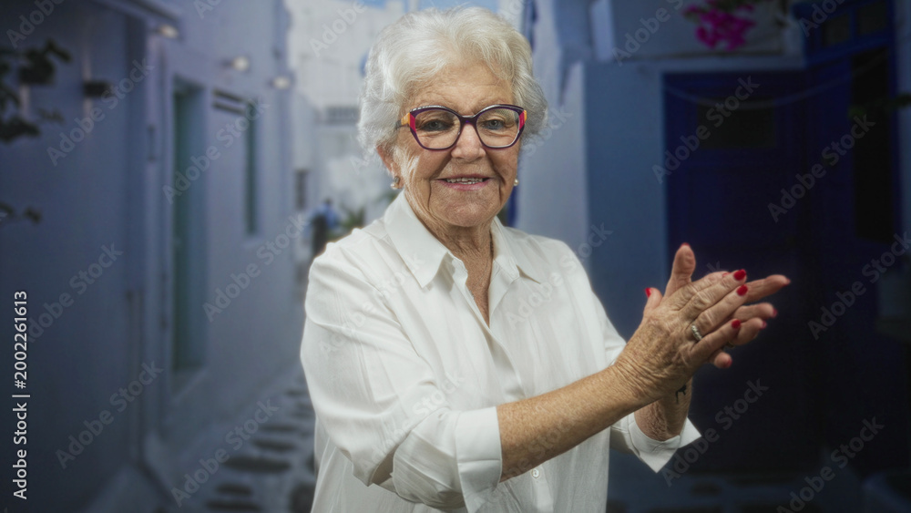 Naklejka premium Elderly woman clapping hands in a sunlit narrow street wearing white shirt and colorful glasses; warm celebration joy.