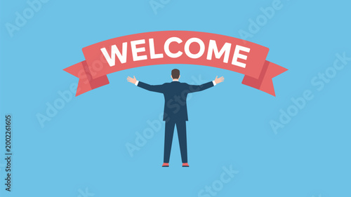 Cheerful person with arms wide open under red welcome banner against blue sky keywords