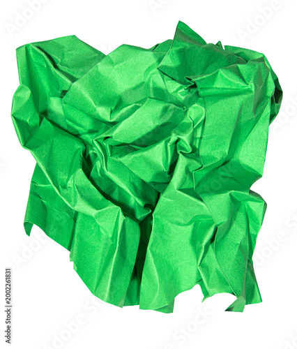 Green paper ball wrinkled poster templates, blank paper sheet. Green paper isolated on transparent background.

