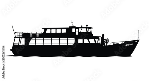 Tableau sur toile Black silhouette of a passenger boat with detailed structure against a white bac