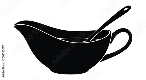 Black silhouette of a gravy boat with ladle simple kitchenware design on a white background silhouette high quality professional detailed modern elegant stylish