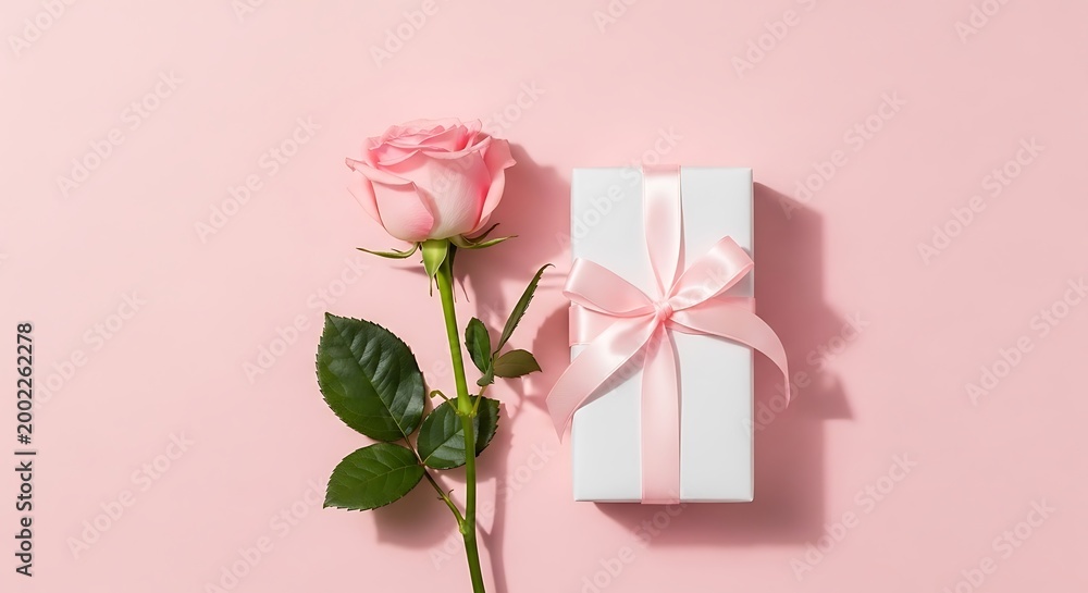 Fototapeta premium Mother s day gift ideas pink rose present on pink background celebrate mom