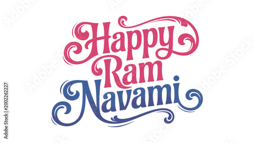 Happy ram navami greeting with pink and blue cursive text on keywords white background