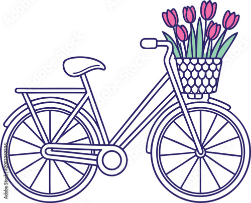A charming bicycle adorned with a basket full of vibrant purple tulips. Vector