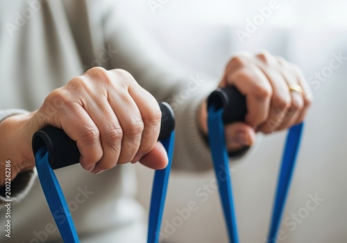 Close up of hands holding blue resistance bands for exercise isolated on white background