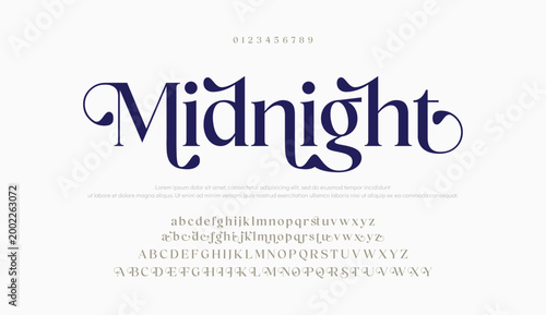 Midnight Elegant luxury abstract wedding fashion logo font alphabet. Minimal classic urban fonts for logo, brand etc. Typography typeface uppercase lowercase and number. vector illustration