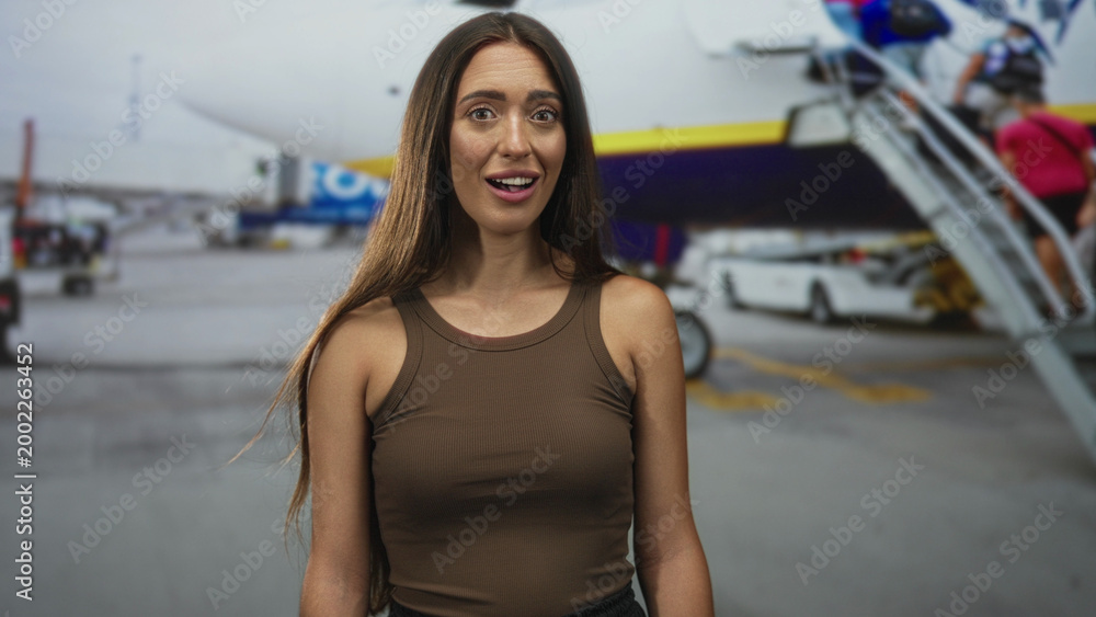 Fototapeta premium Woman in brown tank top with exposed shoulders and open mouth looking toward jet bridge and aircraft stairs at airport terminal, candid profile; travel curiosity.