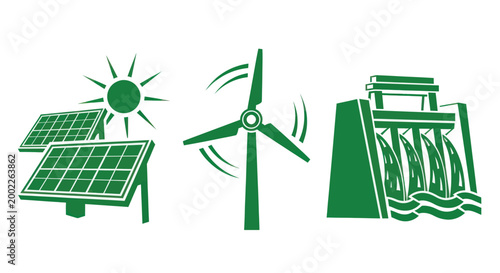 Green energy icons including solar panels, wind turbine, and hydroelectric dam on white background for eco-friendly concepts