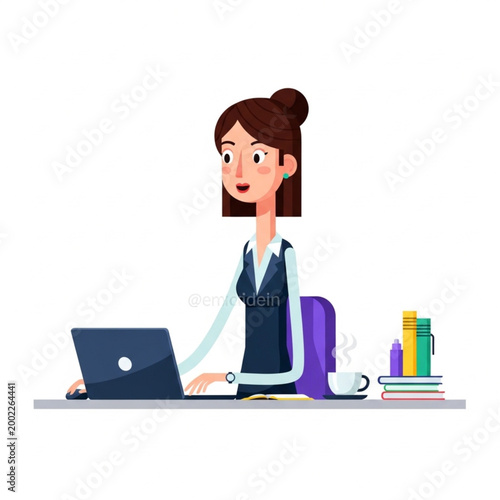 Businesswoman working on laptop at desk with coffee and books.