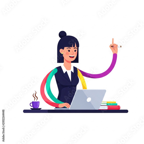 Businesswoman working on laptop with colorful arms and coffee.